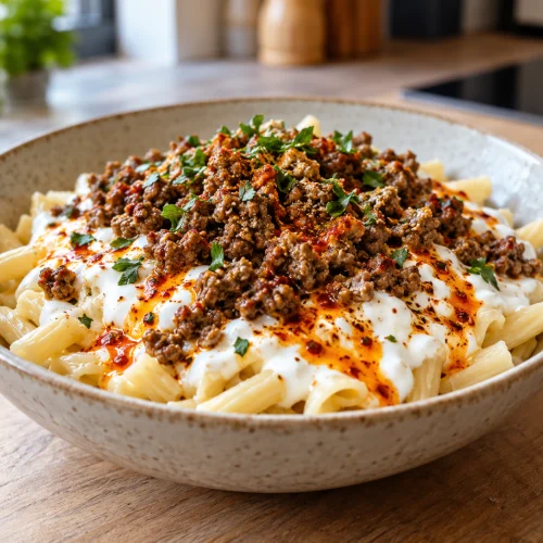 High-Protein Türkische Pasta mit Joghurt und magerem Hack angerichtet in einer Schüssel