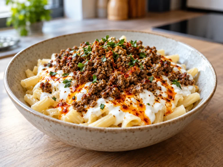 High-Protein Türkische Pasta mit Joghurt und magerem Hack angerichtet in einer Schüssel
