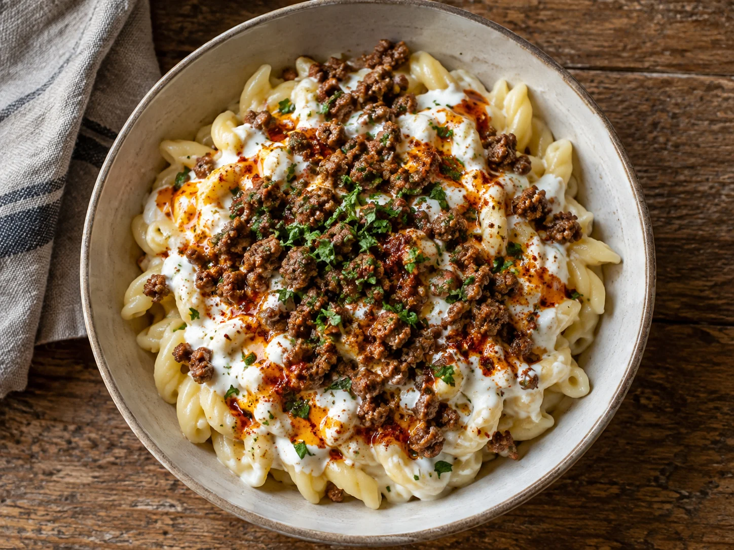 High-Protein Türkische Pasta mit Joghurt und magerem Hack angerichtet in einer Schüssel
