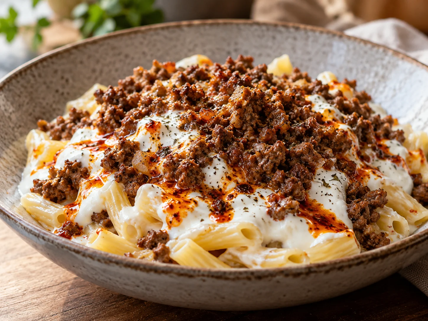 High-Protein Türkische Pasta mit Joghurt und magerem Hack angerichtet in einer Schüssel
