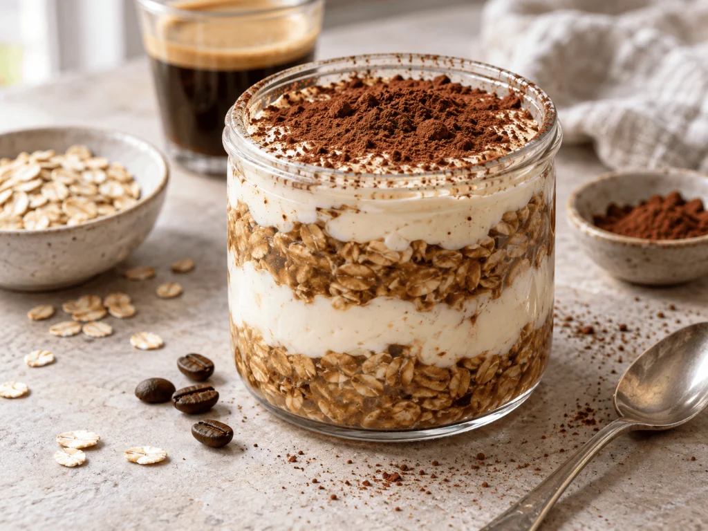 High-Protein Tiramisu Overnight Oats mit Skyr in einem Glas, garniert mit Kakao und Kaffeebohnen
