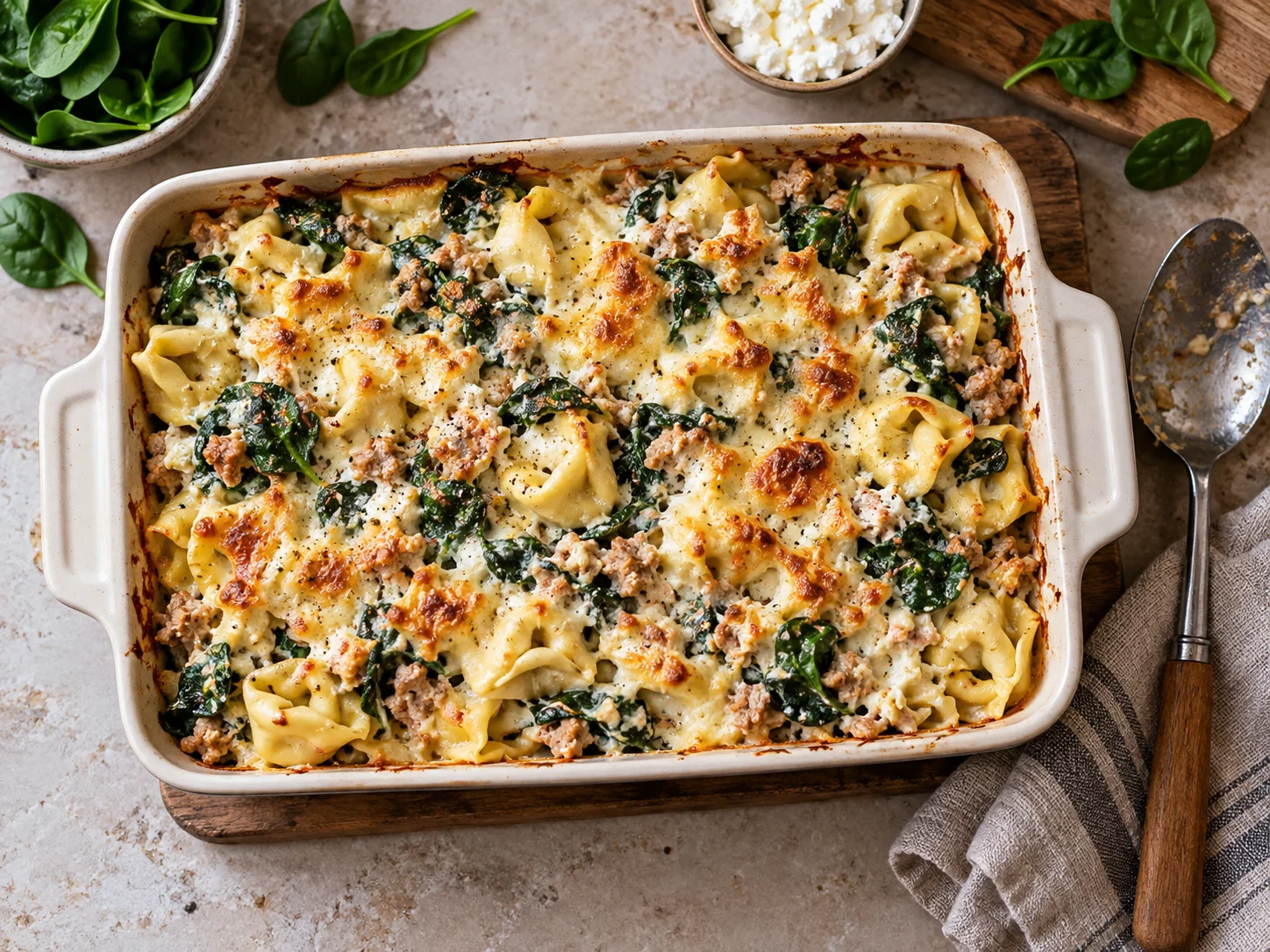 High-Protein Tortellini-Auflauf mit Putenhack, Hüttenkäse und Spinat in einer Auflaufform