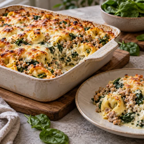 High-Protein Tortellini-Auflauf mit Putenhack, Hüttenkäse und Spinat in einer Auflaufform