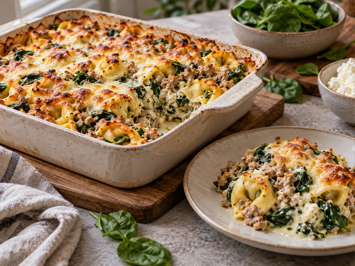 High-Protein Tortellini-Auflauf mit Putenhack, Hüttenkäse und Spinat in einer Auflaufform