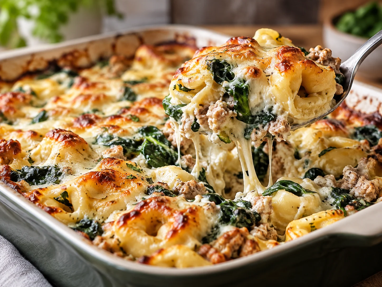 High-Protein Tortellini-Auflauf mit Putenhack, Hüttenkäse und Spinat in einer Auflaufform