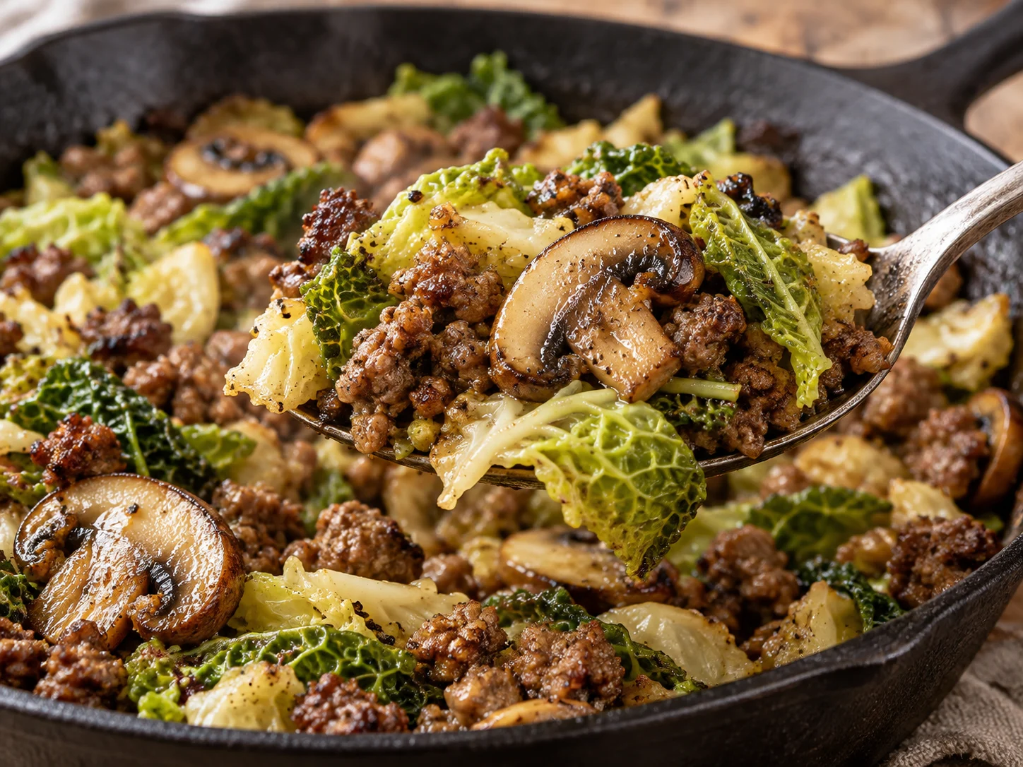 High-Protein Wirsing-Hack-Pfanne mit Champignons in einer Pfanne serviert