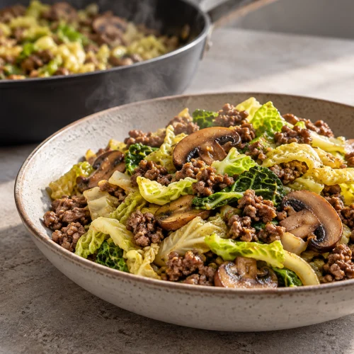 High-Protein Wirsing-Hack-Pfanne mit Champignons in einer Pfanne serviert