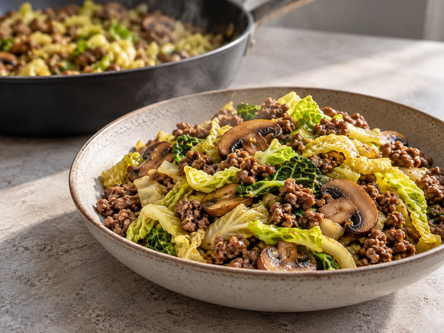 High-Protein Wirsing-Hack-Pfanne mit Champignons in einer Pfanne serviert