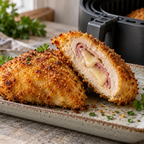 Knuspriges High-Protein Hähnchen-Cordon-bleu aus dem Airfryer auf weißem Teller mit Salat