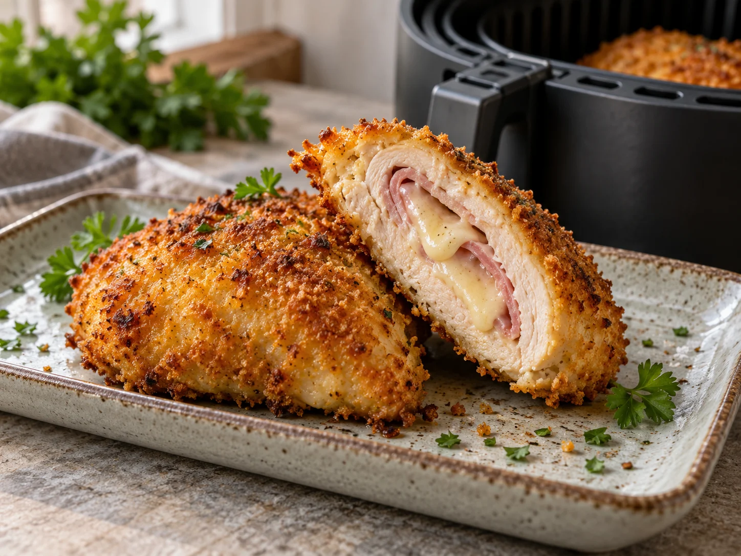 Knuspriges High-Protein Hähnchen-Cordon-bleu aus dem Airfryer auf weißem Teller mit Salat