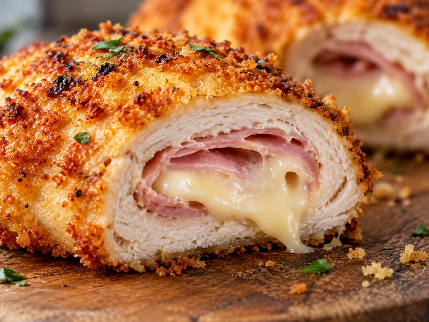 Knuspriges High-Protein Hähnchen-Cordon-bleu aus dem Airfryer auf weißem Teller mit Salat