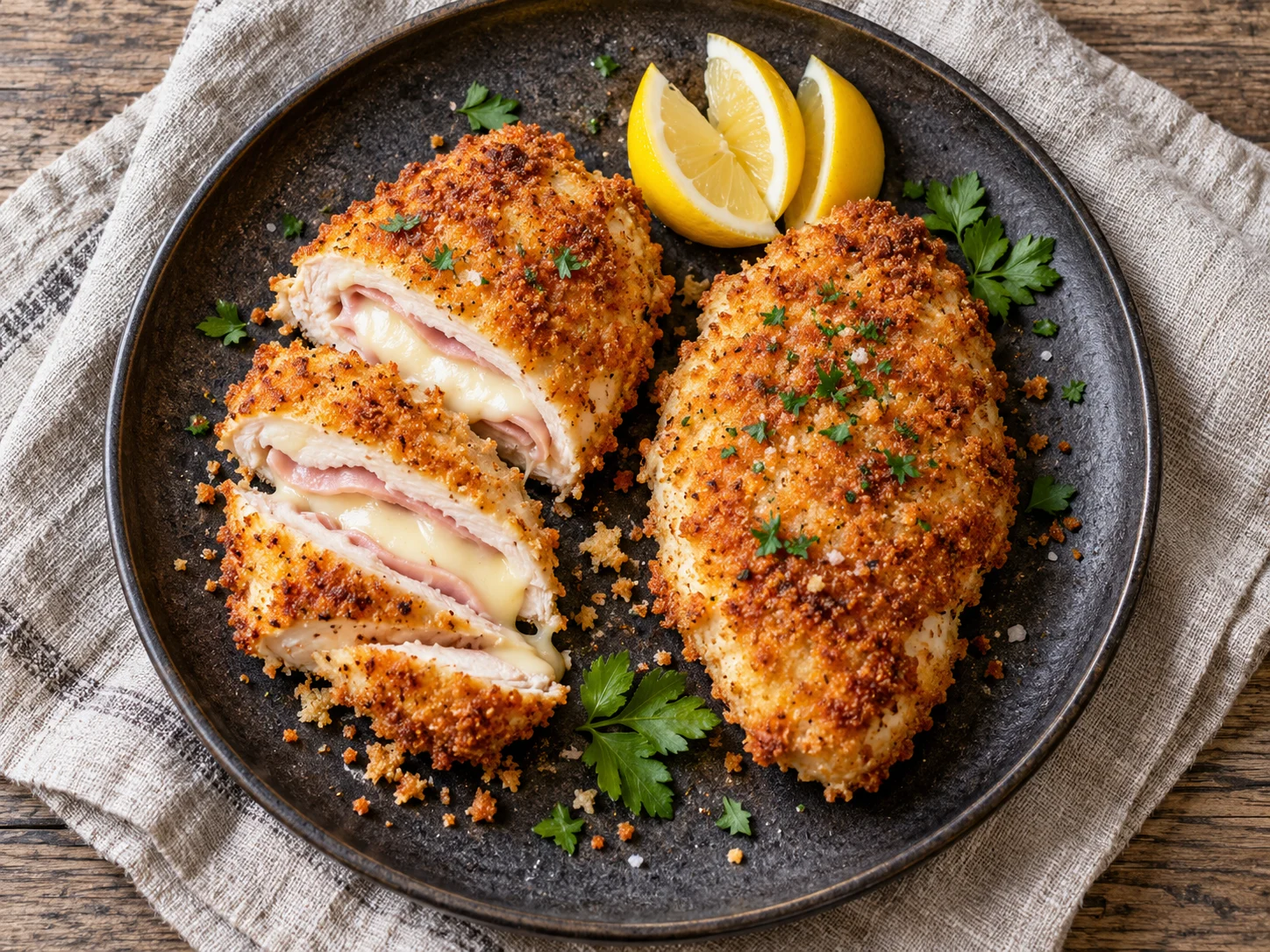 Knuspriges High-Protein Hähnchen-Cordon-bleu aus dem Airfryer auf weißem Teller mit Salat
