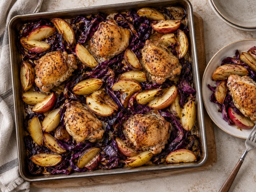 Meal-Prep Hähnchen-Rotkohl-Blech mit Kartoffeln und Apfel auf einem Backblech frisch gebacken