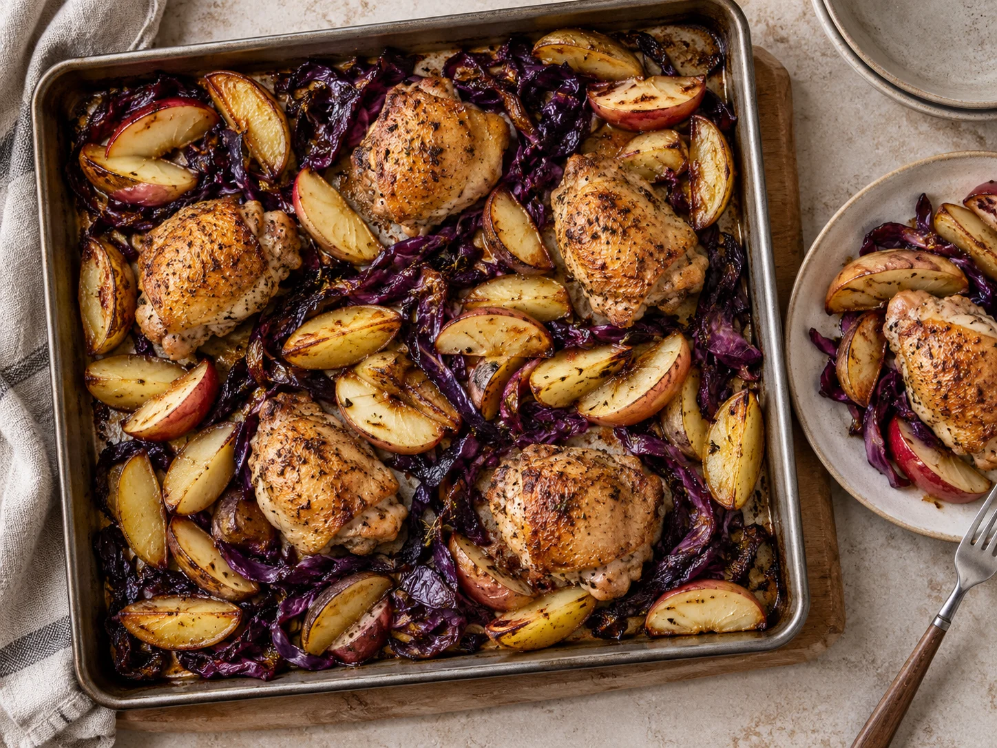 Meal-Prep Hähnchen-Rotkohl-Blech mit Kartoffeln und Apfel auf einem Backblech frisch gebacken