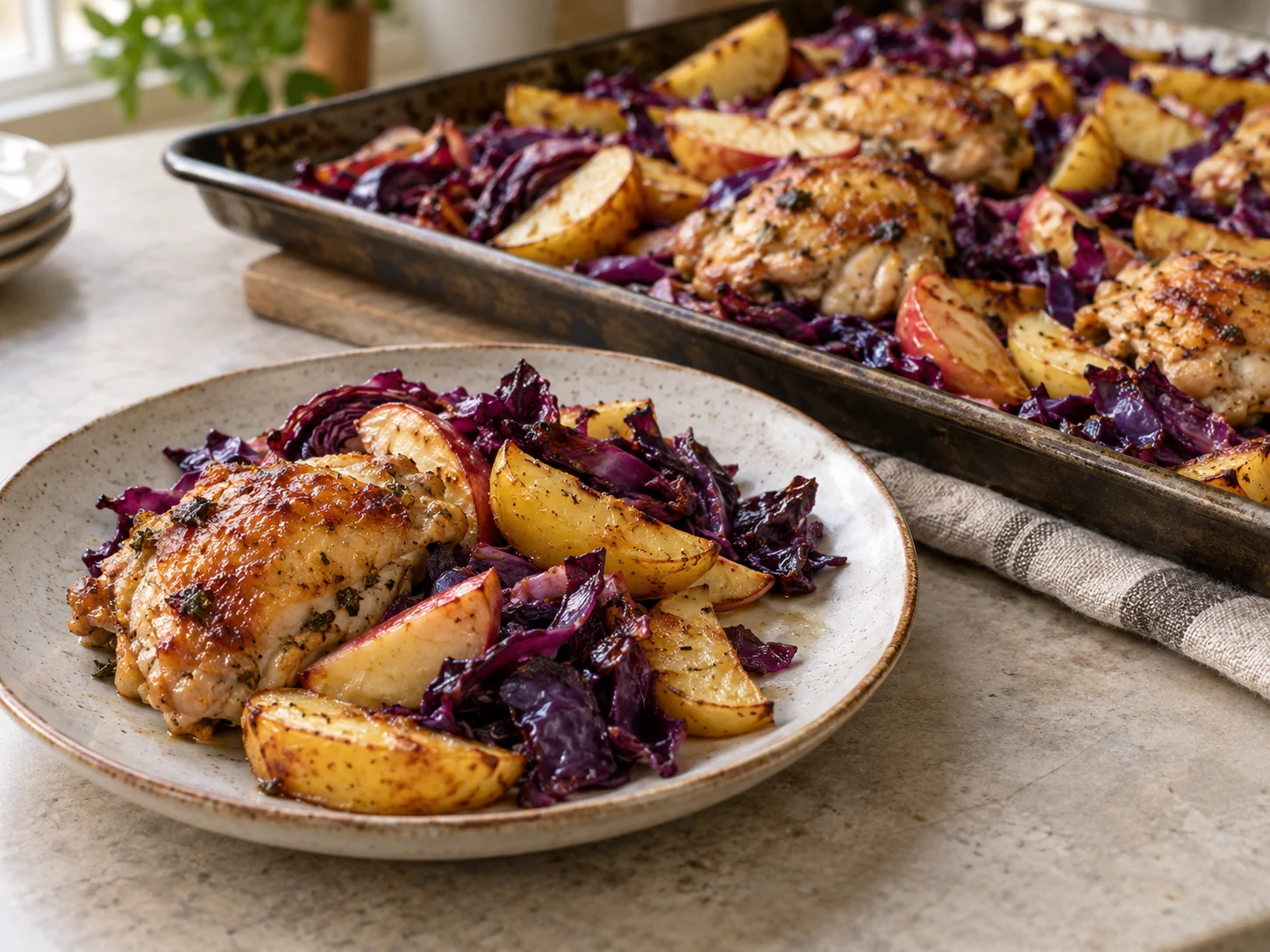 Meal-Prep Hähnchen-Rotkohl-Blech mit Kartoffeln und Apfel auf einem Backblech frisch gebacken