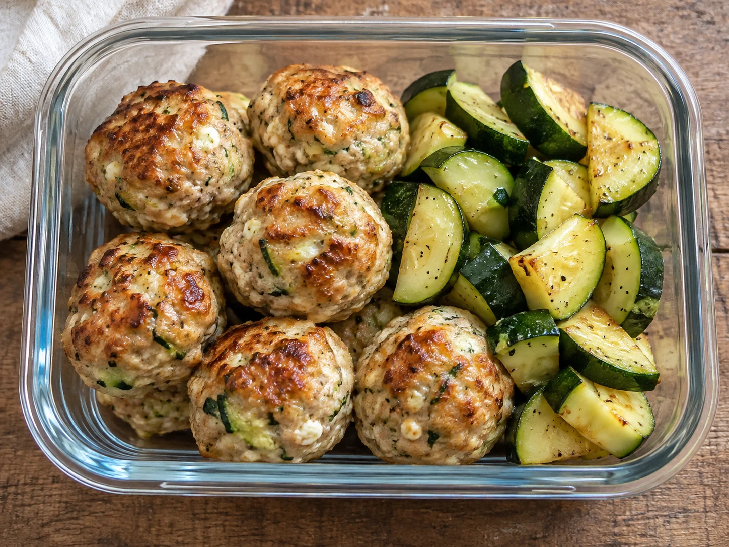 Meal-Prep Putenbällchen mit Hüttenkäse und Zucchini angerichtet auf einem Teller mit frischem Salat