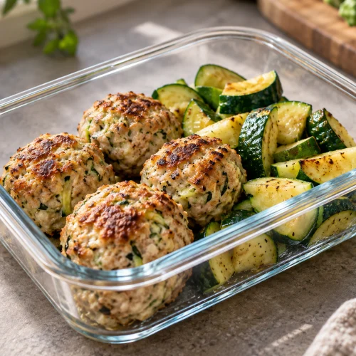 Meal-Prep Putenbällchen mit Hüttenkäse und Zucchini angerichtet auf einem Teller mit frischem Salat