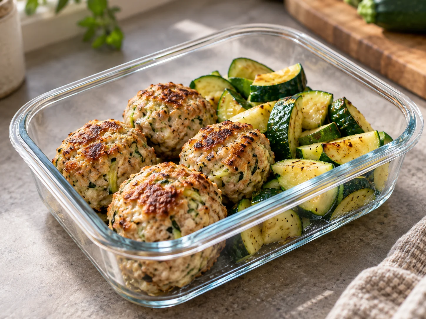 Meal-Prep Putenbällchen mit Hüttenkäse und Zucchini angerichtet auf einem Teller mit frischem Salat