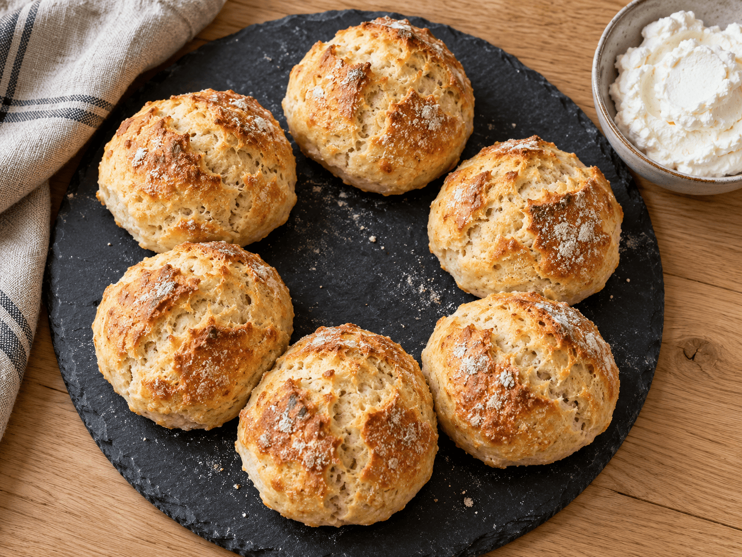 Proteinreiche Quarkbrötchen ohne Hefe fertig gebacken und bereit zum Frühstück