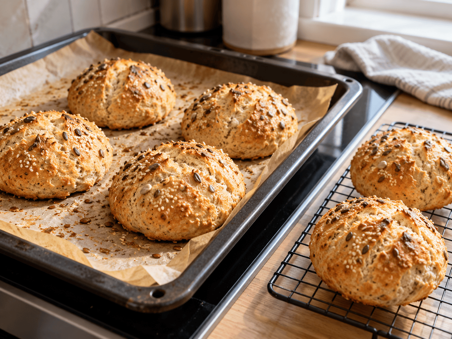 Proteinreiche Quarkbrötchen ohne Hefe mit lockerer Krume frisch aus dem Ofen
