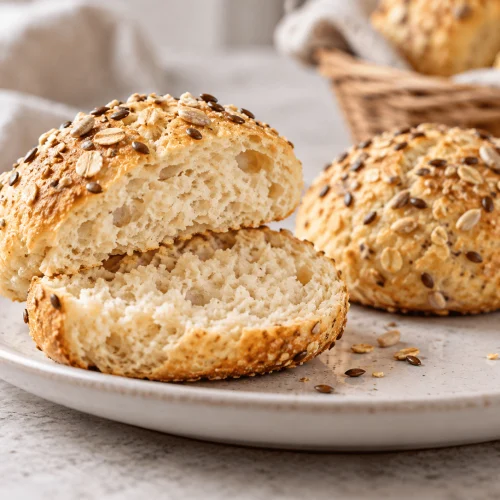Proteinreiche Quarkbrötchen ohne Hefe frisch gebacken auf einem Holzbrett