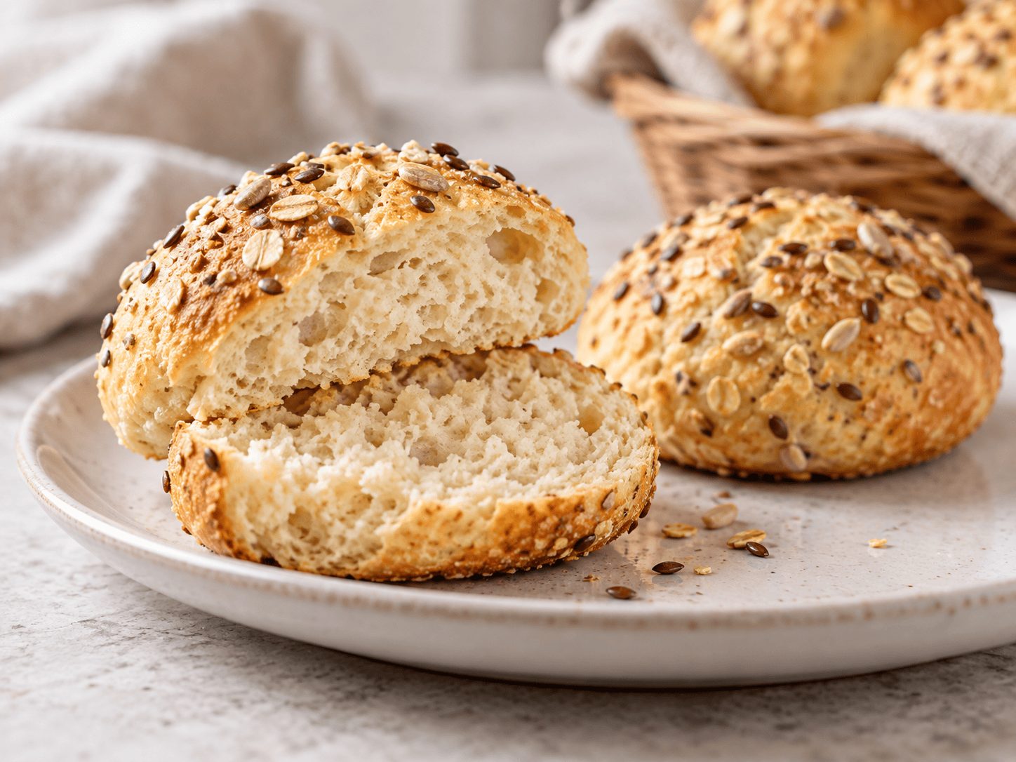 Proteinreiche Quarkbrötchen ohne Hefe frisch gebacken auf einem Holzbrett