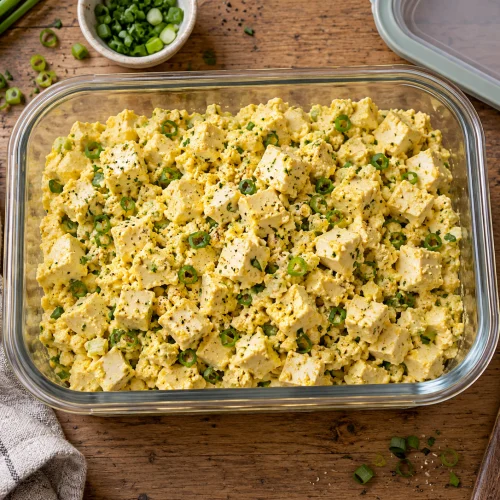 Veganer High-Protein Tofu-Eiersalat als leckeres Meal Prep Gericht in einer Schale mit frischen Kräutern garniert