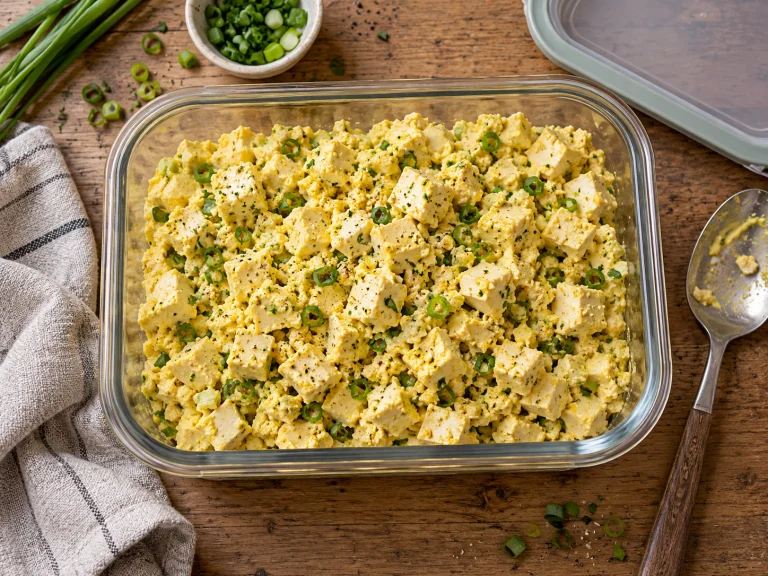 Veganer High-Protein Tofu-Eiersalat als leckeres Meal Prep Gericht in einer Schale mit frischen Kräutern garniert