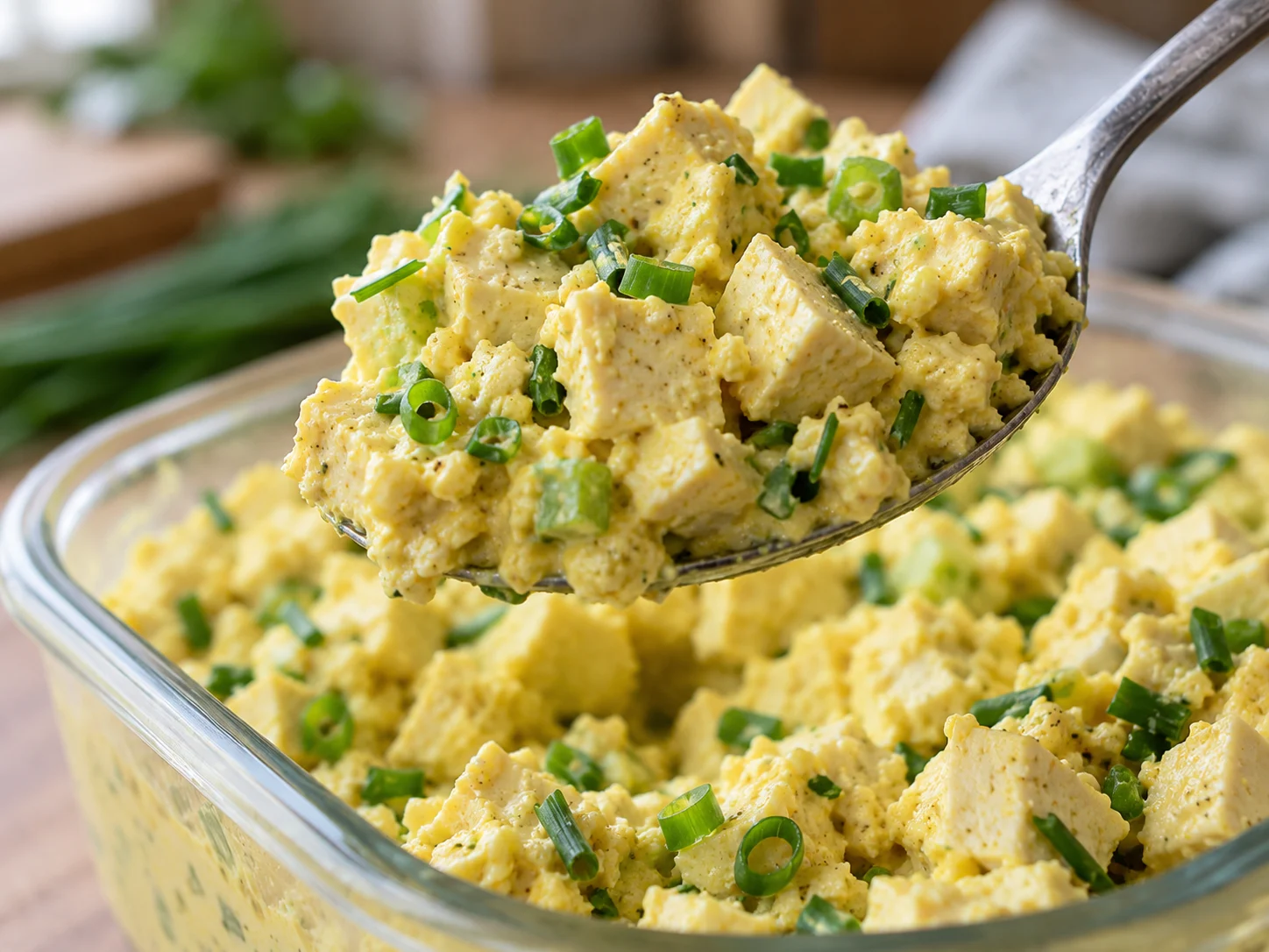 Veganer High-Protein Tofu-Eiersalat als Meal Prep Gericht in einer Schale mit frischen Kräutern