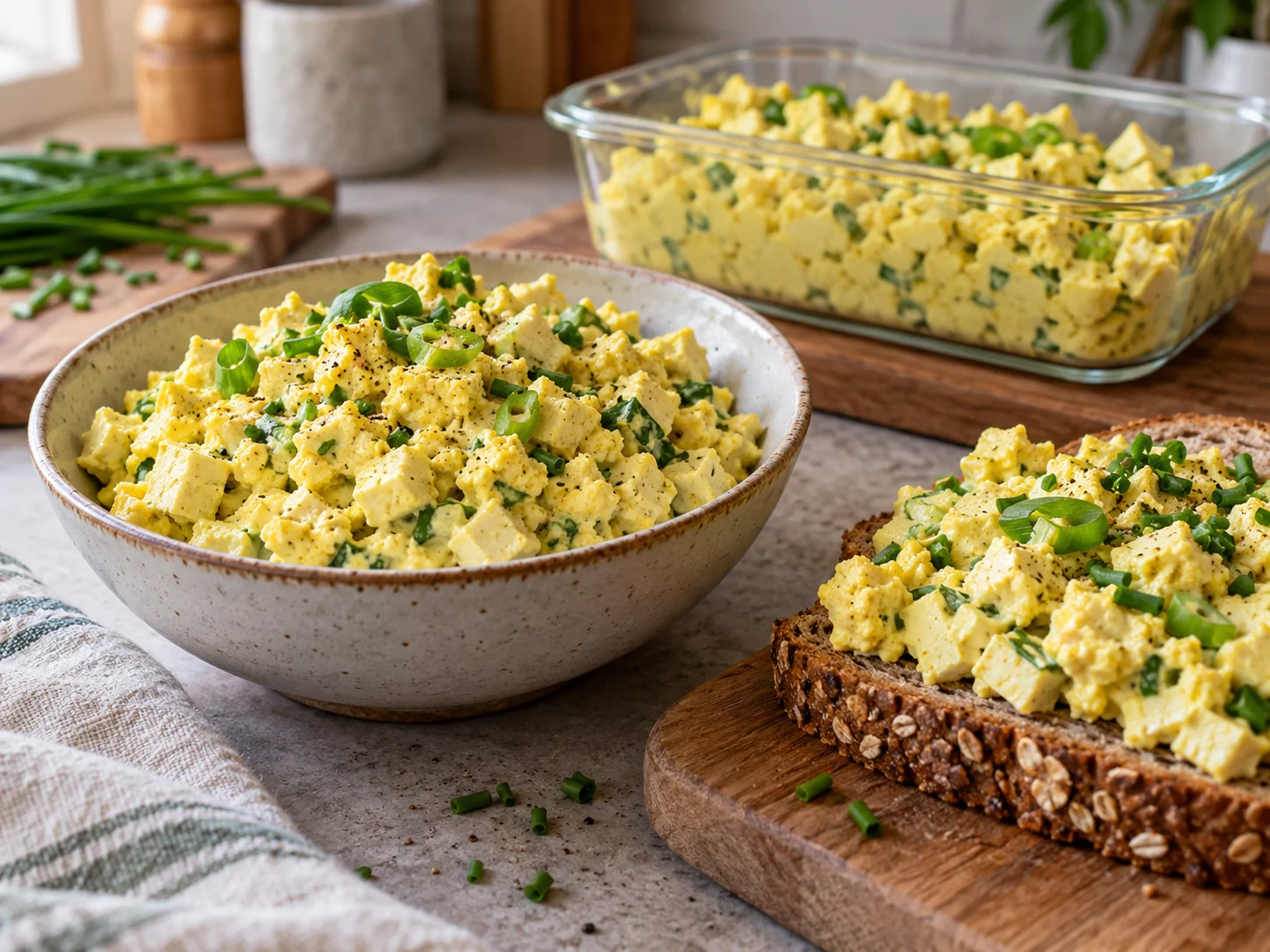 Veganer High-Protein Tofu-Eiersalat als Meal Prep Gericht in einer Schale mit frischen Kräutern
