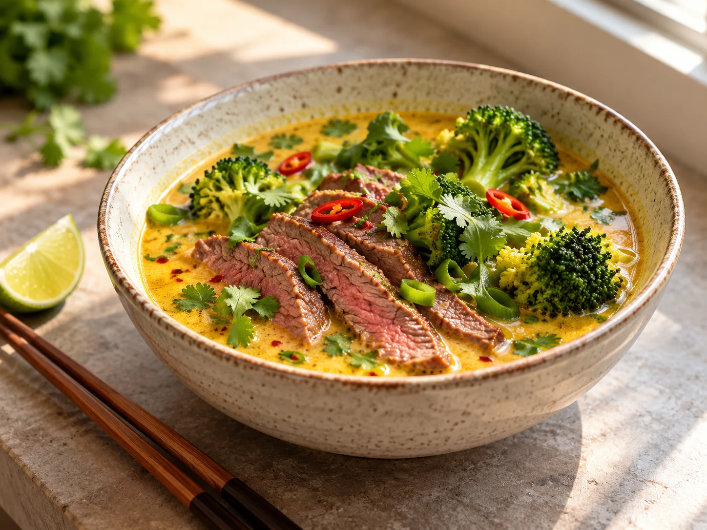 High-Protein Coconut-Curry-Beef-Broth-Bowl mit frischem Koriander garniert in einer Schüssel