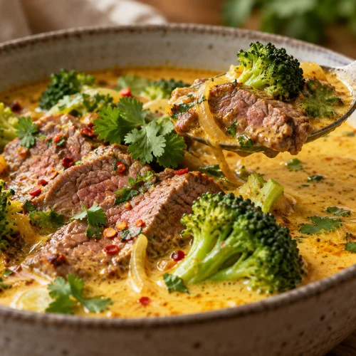 High-Protein Coconut-Curry-Beef-Broth-Bowl mit frischem Koriander garniert in einer Schüssel
