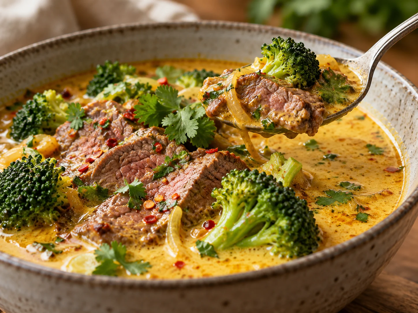 High-Protein Coconut-Curry-Beef-Broth-Bowl mit frischem Koriander garniert in einer Schüssel