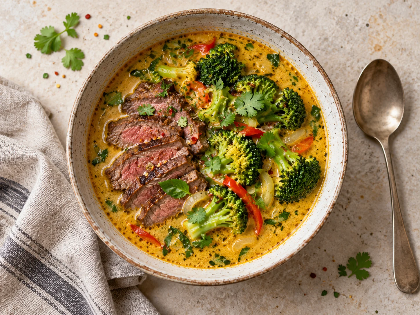 High-Protein Coconut-Curry-Beef-Broth-Bowl mit frischem Koriander garniert in einer Schüssel